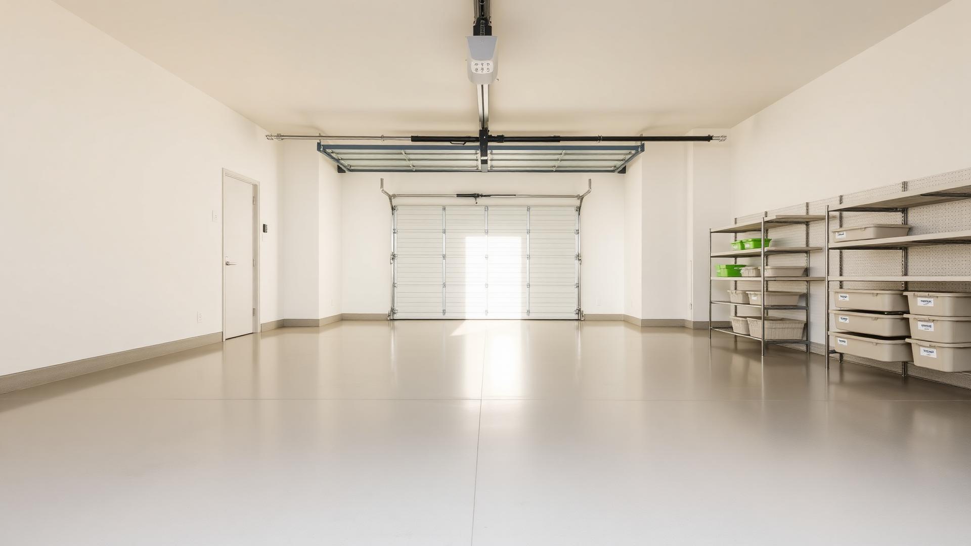 Pristine, freshly cleared two-car residential garage in Las Vegas with polished concrete floor and labeled storage shelving